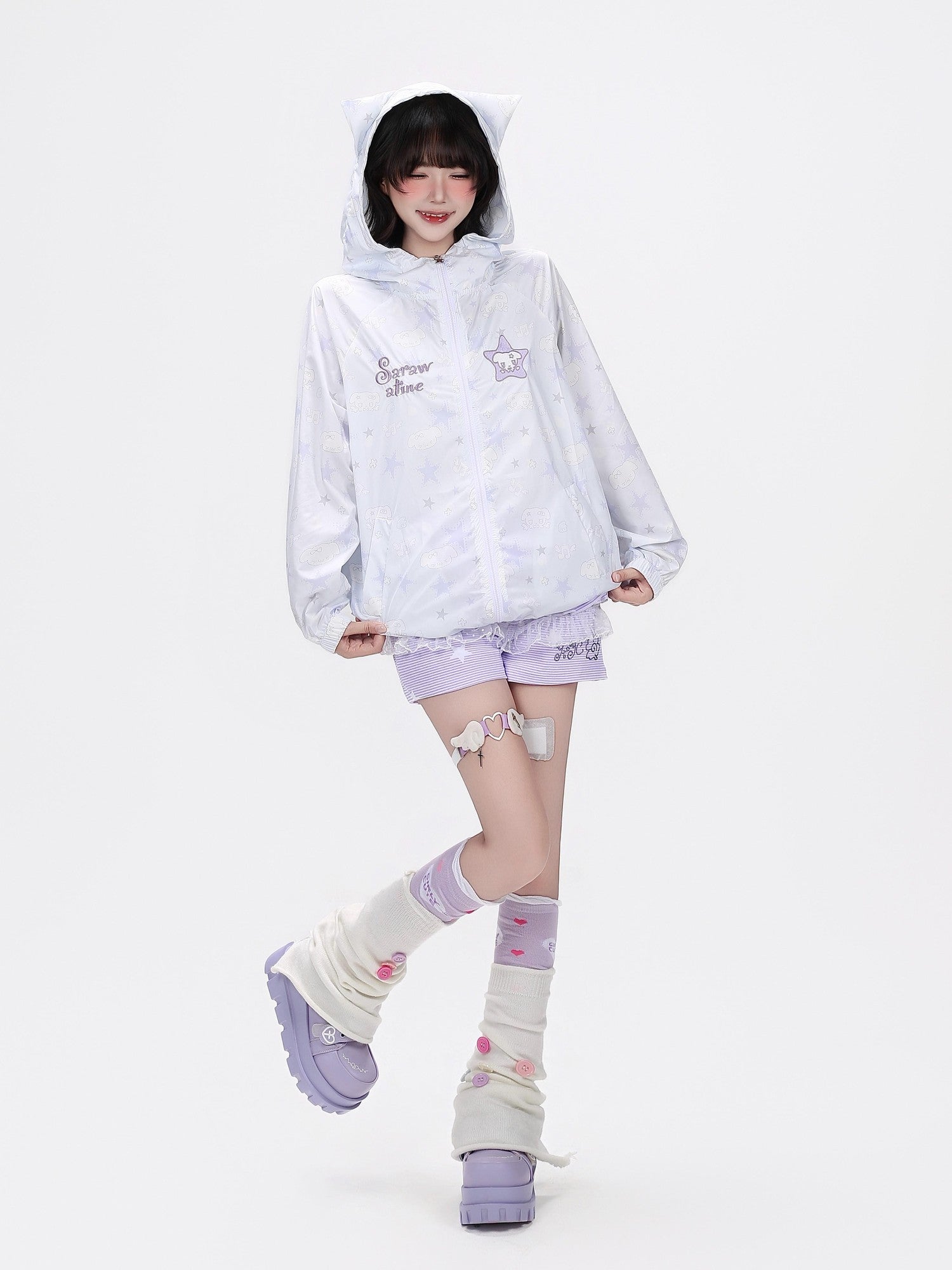 Crazy Girl Star Print Hooded Upf50 Loose Zip Women&