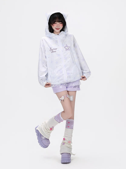 Crazy Girl Star Print Hooded Upf50 Loose Zip Women&