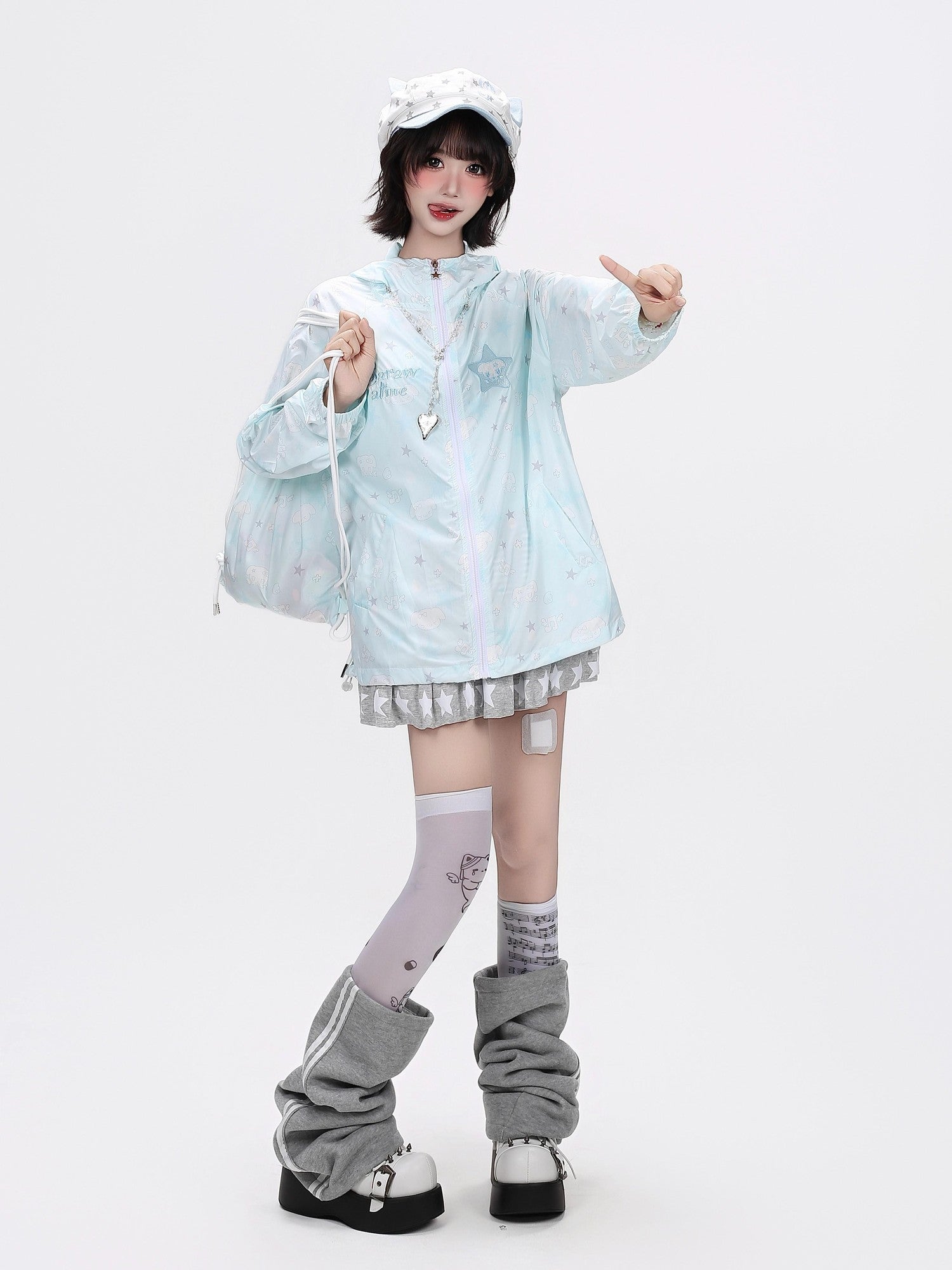 Crazy Girl Star Print Hooded Upf50 Loose Zip Women&