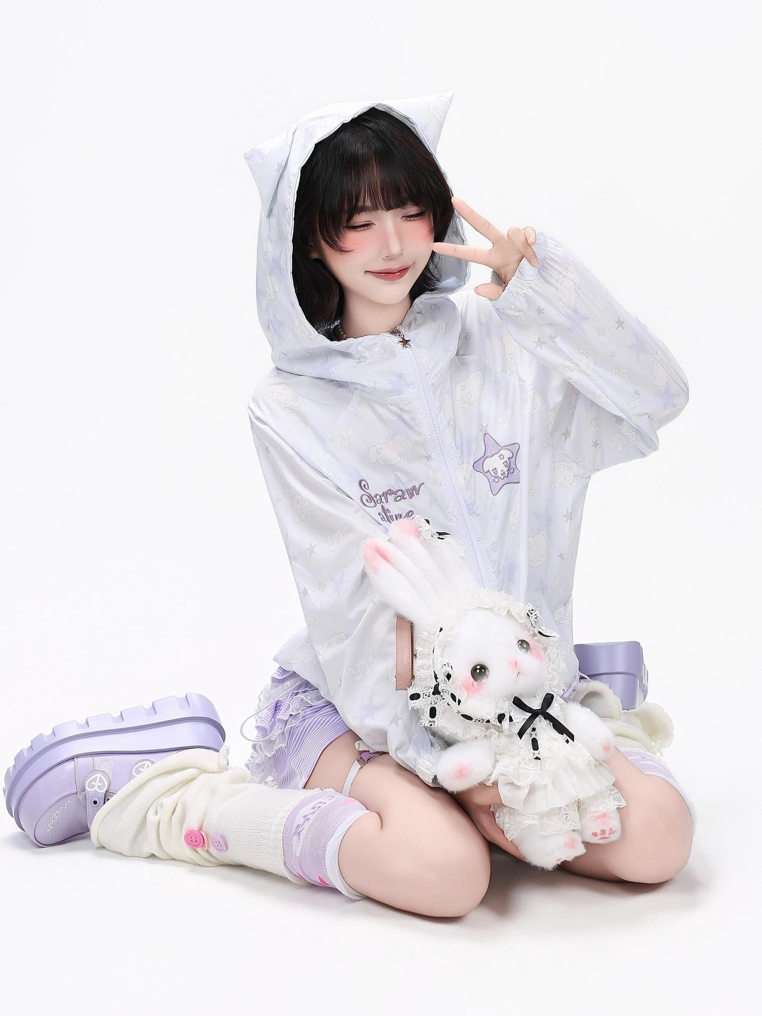 Crazy Girl Star Print Hooded Upf50 Loose Zip Women&
