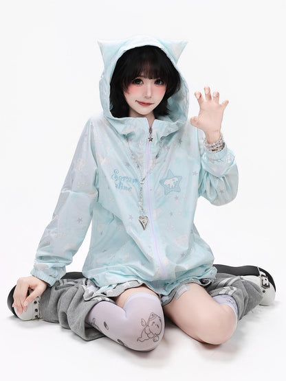 Crazy Girl Star Print Hooded Upf50 Loose Zip Women&