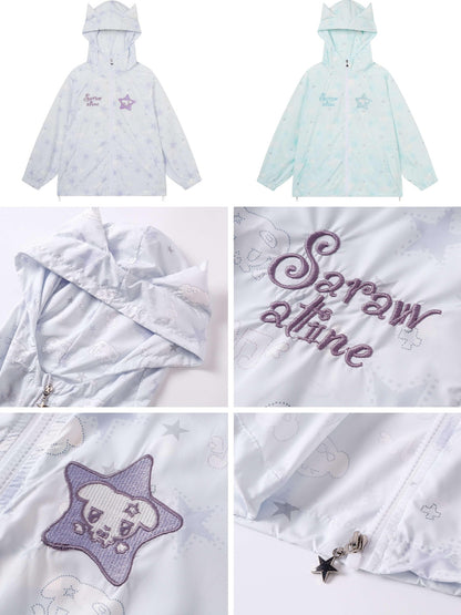 Crazy Girl Star Print Hooded Upf50 Loose Zip Women&