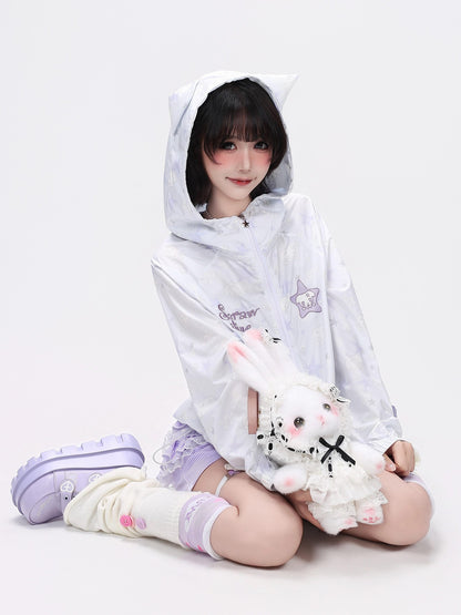 Crazy Girl Star Print Hooded Upf50 Loose Zip Women&