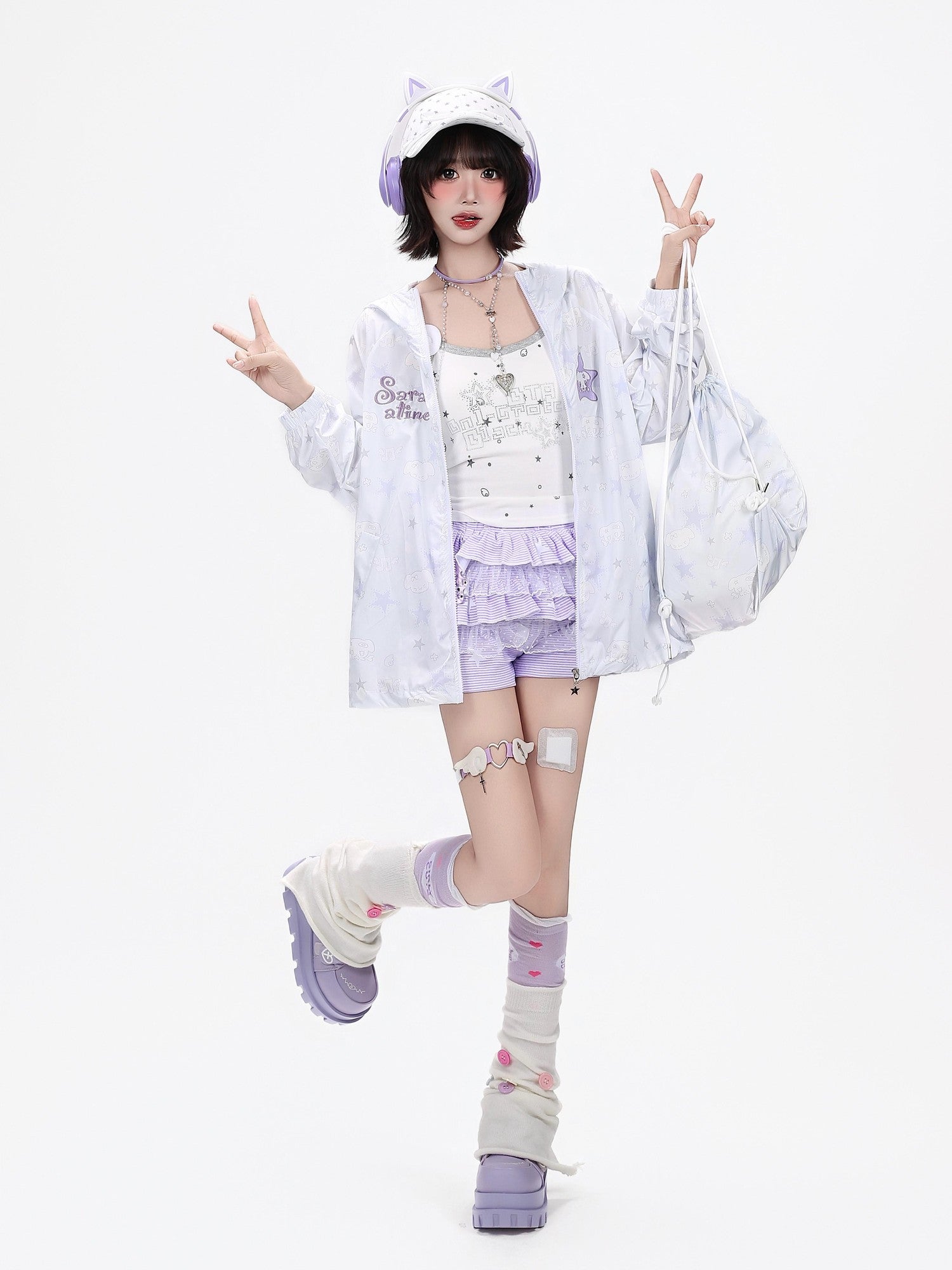 Crazy Girl Star Print Hooded Upf50 Loose Zip Women&