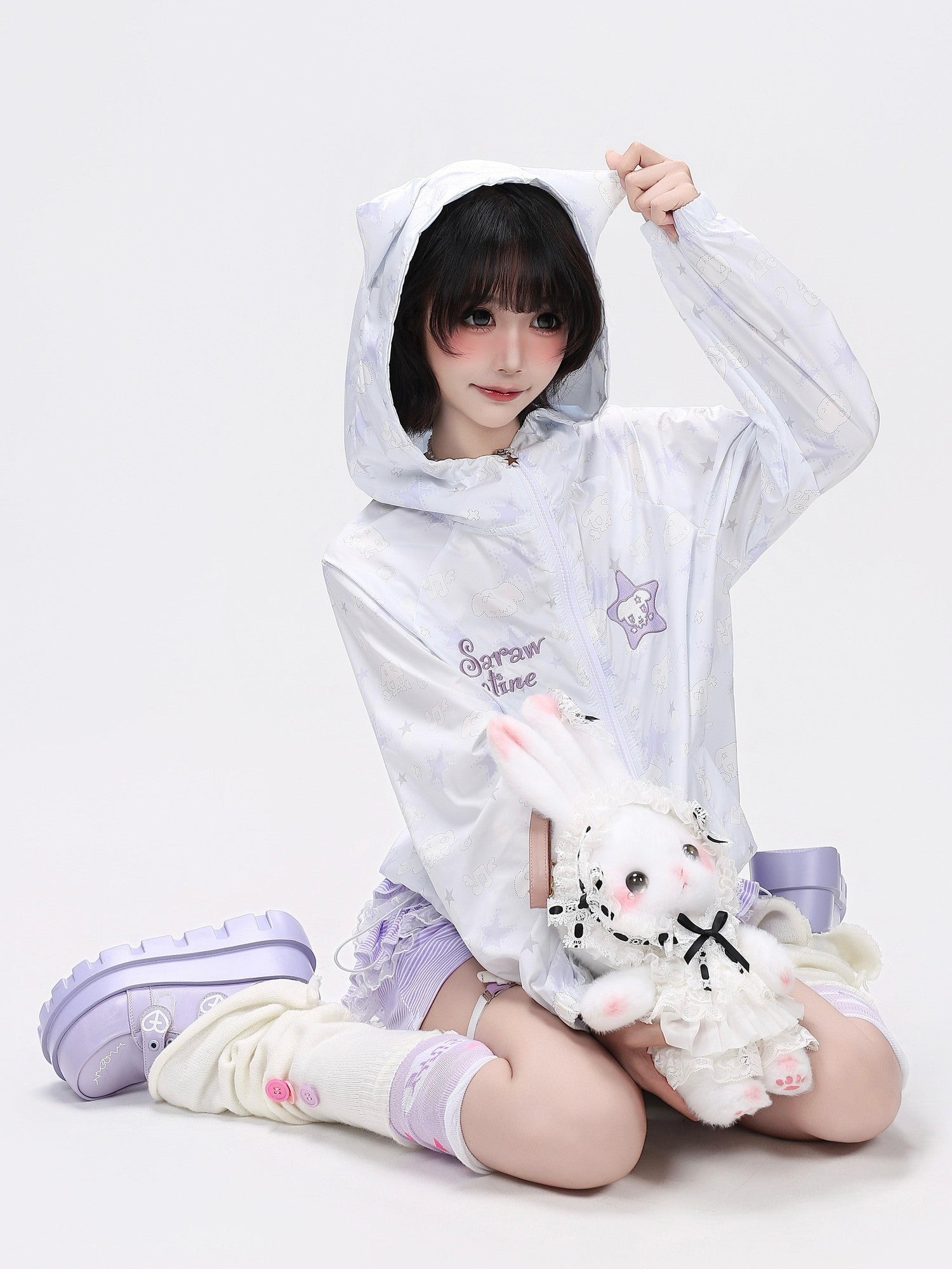 Crazy Girl Star Print Hooded Upf50 Loose Zip Women&