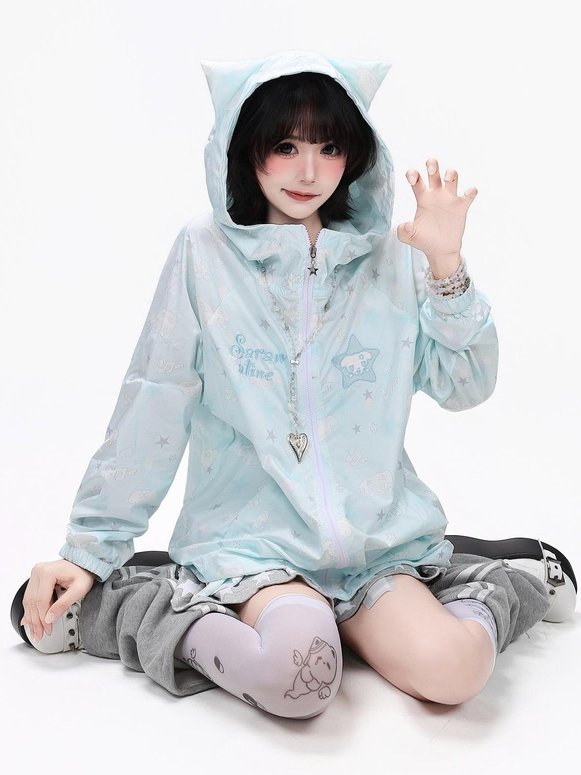 Crazy Girl Star Print Hooded Upf50 Loose Zip Women&