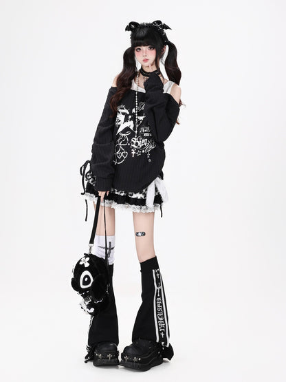 Crazy Girl Star Print Off Shoulder Drawstring Faux Two Piece Women&