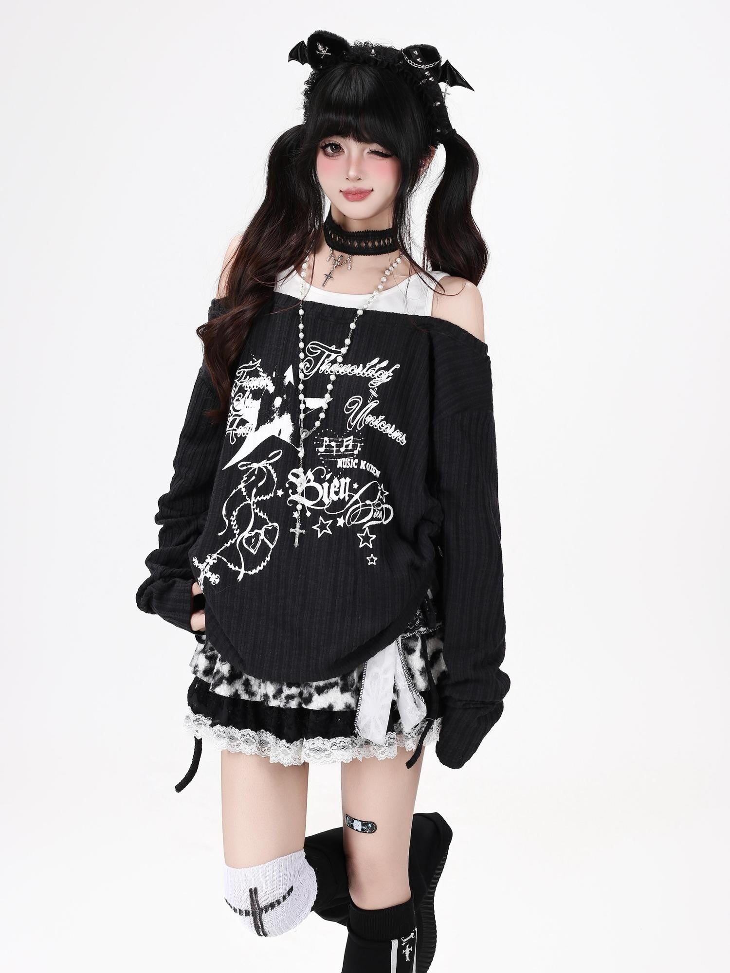 Crazy Girl Star Print Off Shoulder Drawstring Faux Two Piece Women&