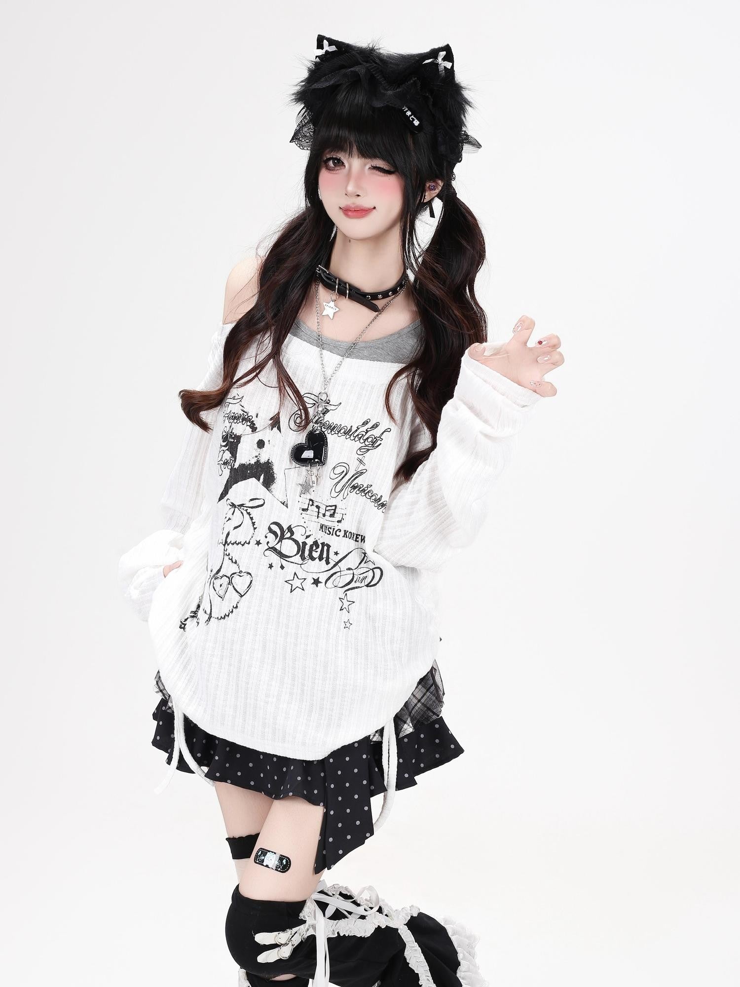 Crazy Girl Star Print Off Shoulder Drawstring Faux Two Piece Women&