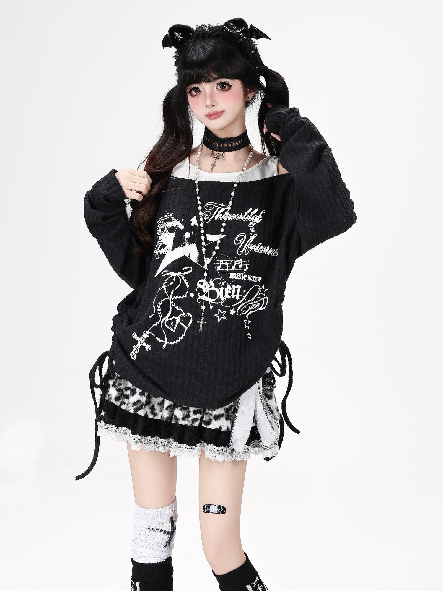 Crazy Girl Star Print Off Shoulder Drawstring Faux Two Piece Women&