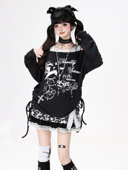 Crazy Girl Star Print Off Shoulder Drawstring Faux Two Piece Women&
