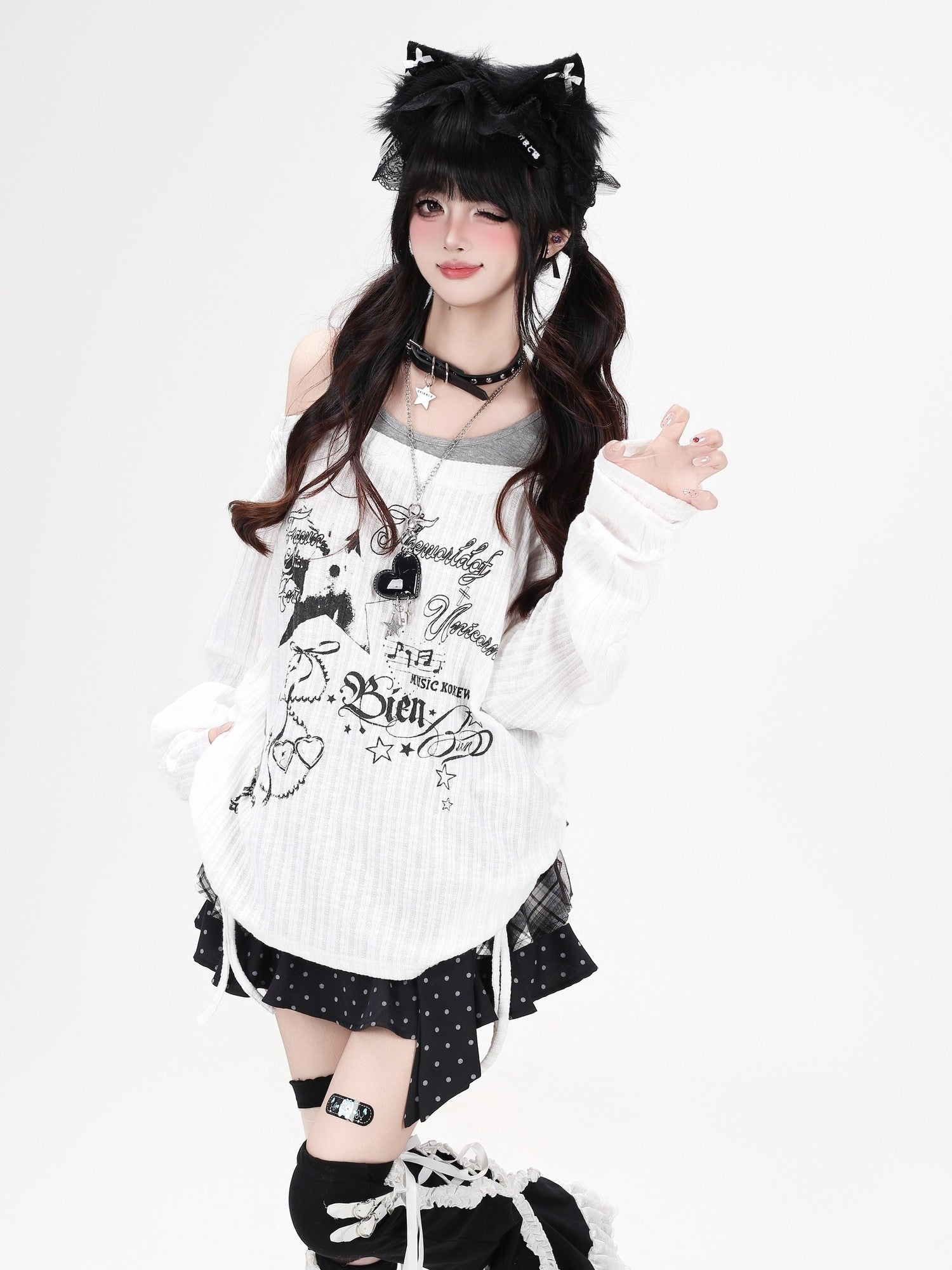 Crazy Girl Star Print Off Shoulder Drawstring Faux Two Piece Women&