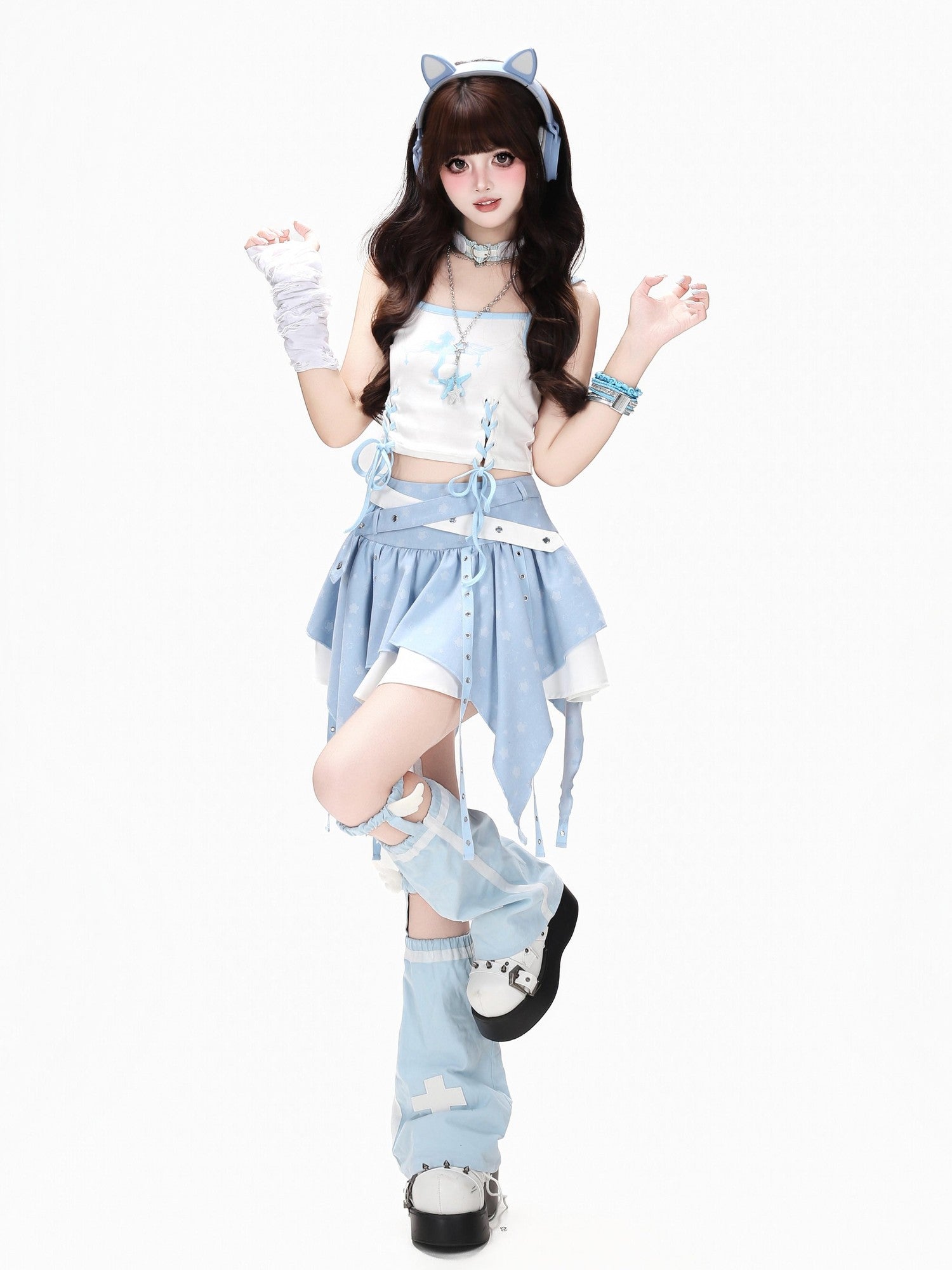 Crazy Girl Star Tear Jacquard Asymmetrical Pleated Women&
