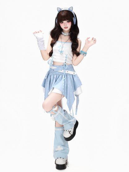 Crazy Girl Star Tear Jacquard Asymmetrical Pleated Women&