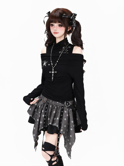 Crazy Girl Star Tear Jacquard Asymmetrical Pleated Women&