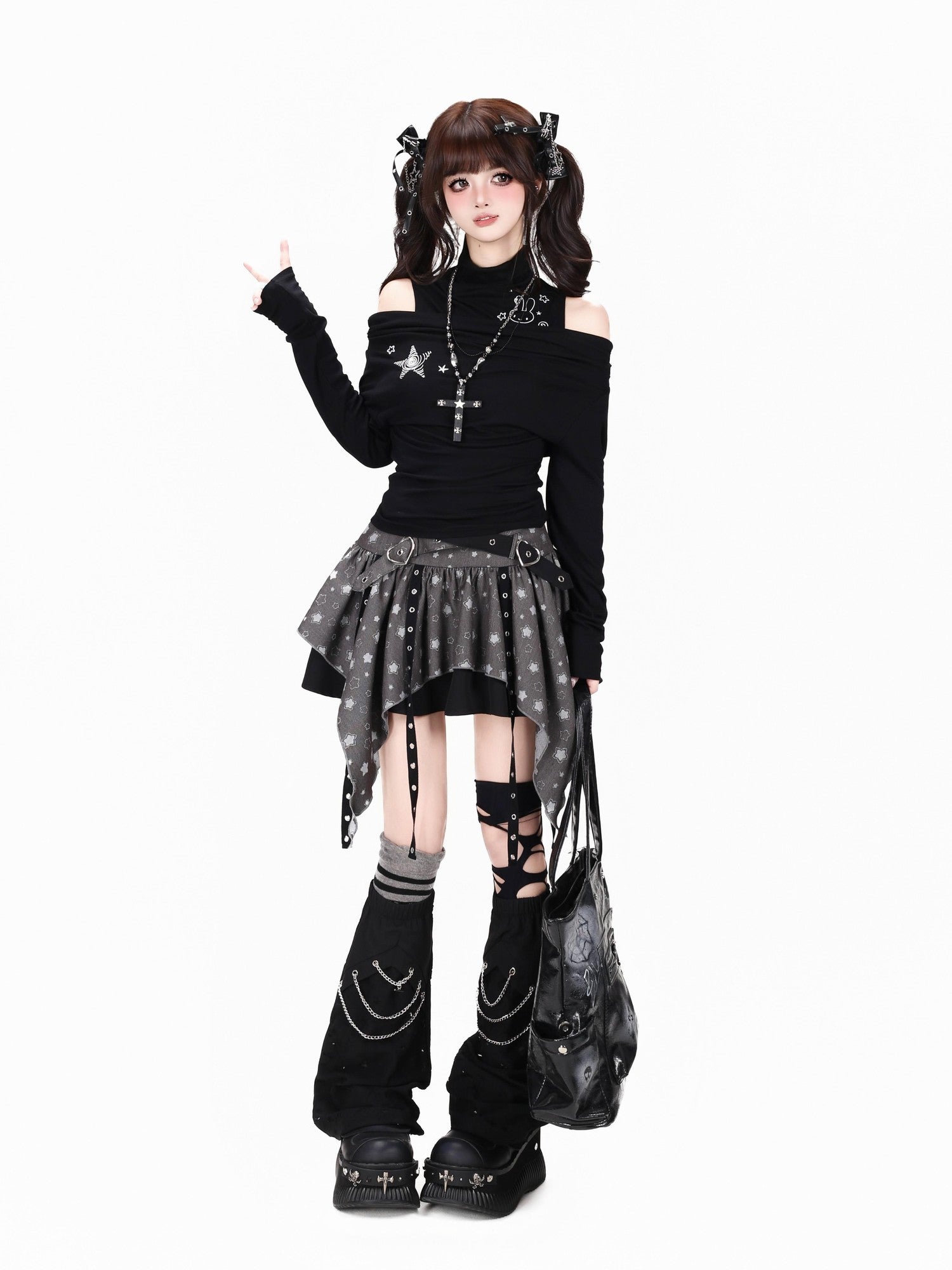 Crazy Girl Star Tear Jacquard Asymmetrical Pleated Women&