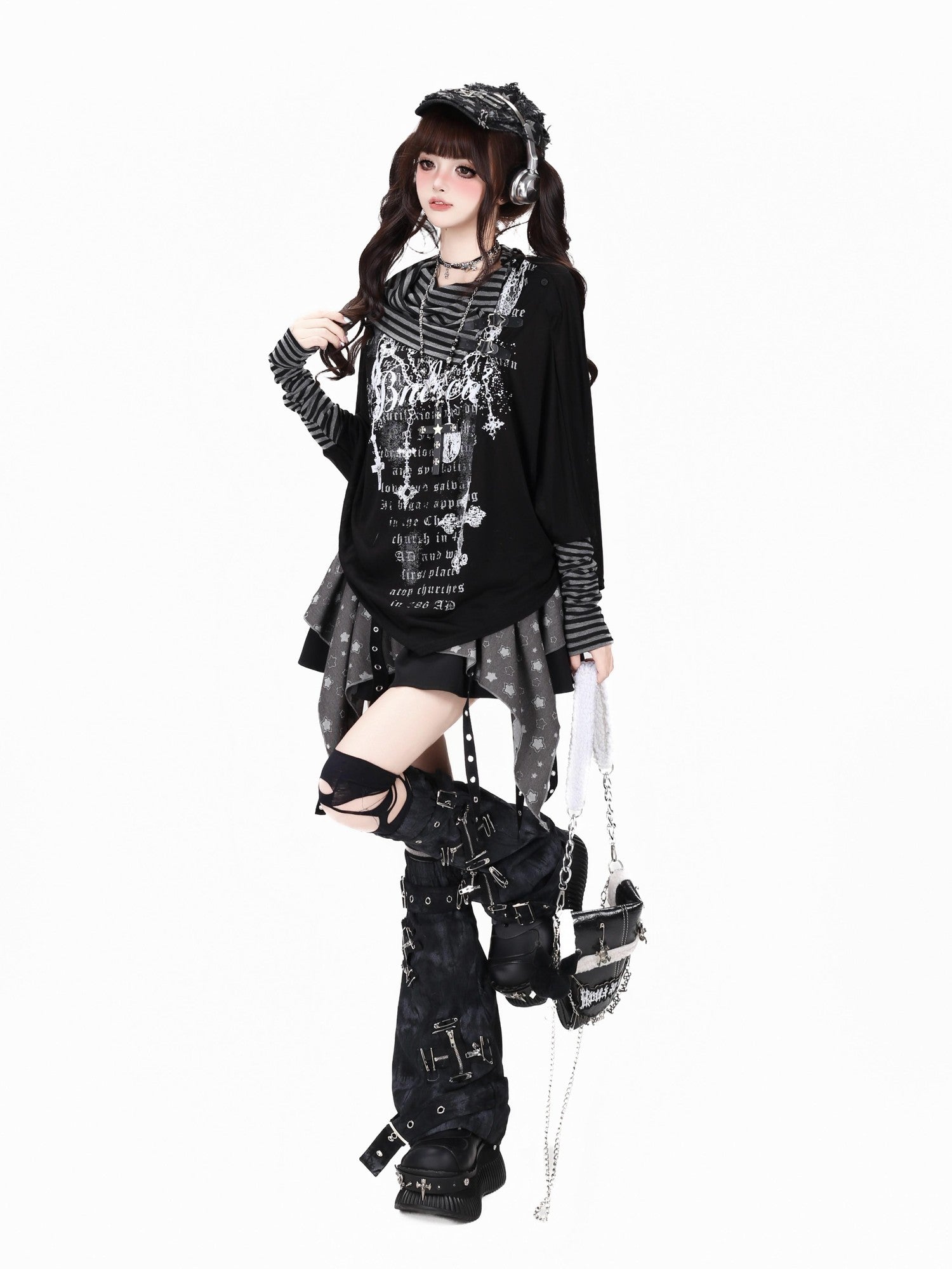 Crazy Girl Star Tear Jacquard Asymmetrical Pleated Women&