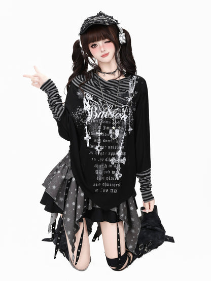 Crazy Girl Star Tear Jacquard Asymmetrical Pleated Women&