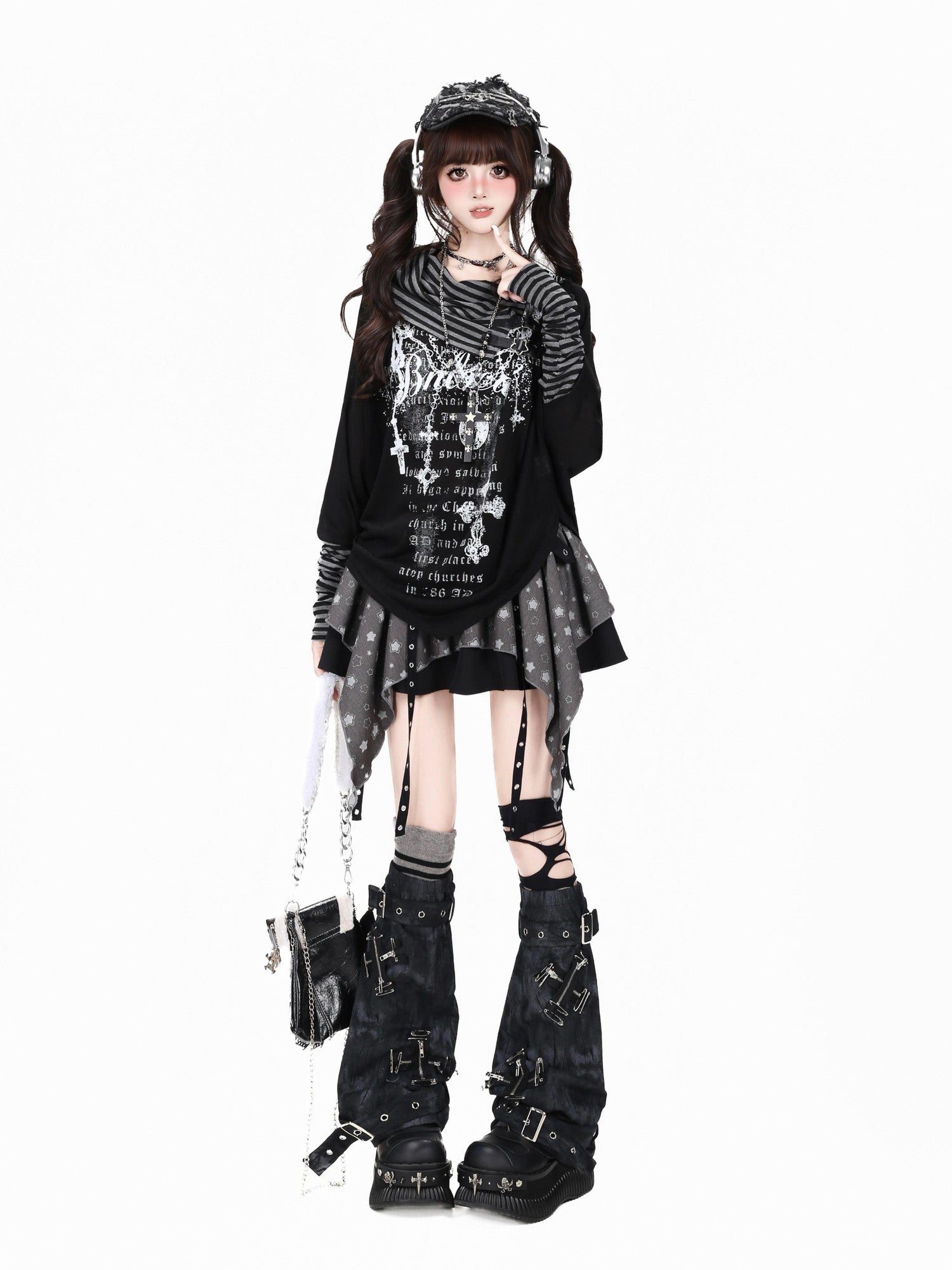 Crazy Girl Star Tear Jacquard Asymmetrical Pleated Women&