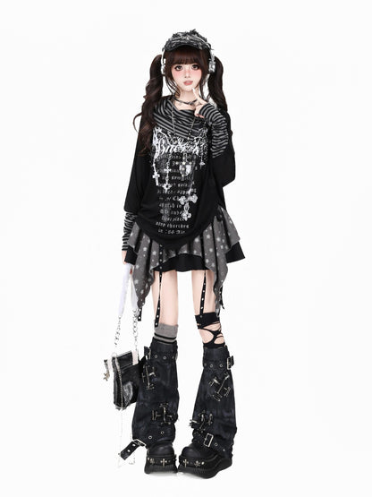 Crazy Girl Star Tear Jacquard Asymmetrical Pleated Women&