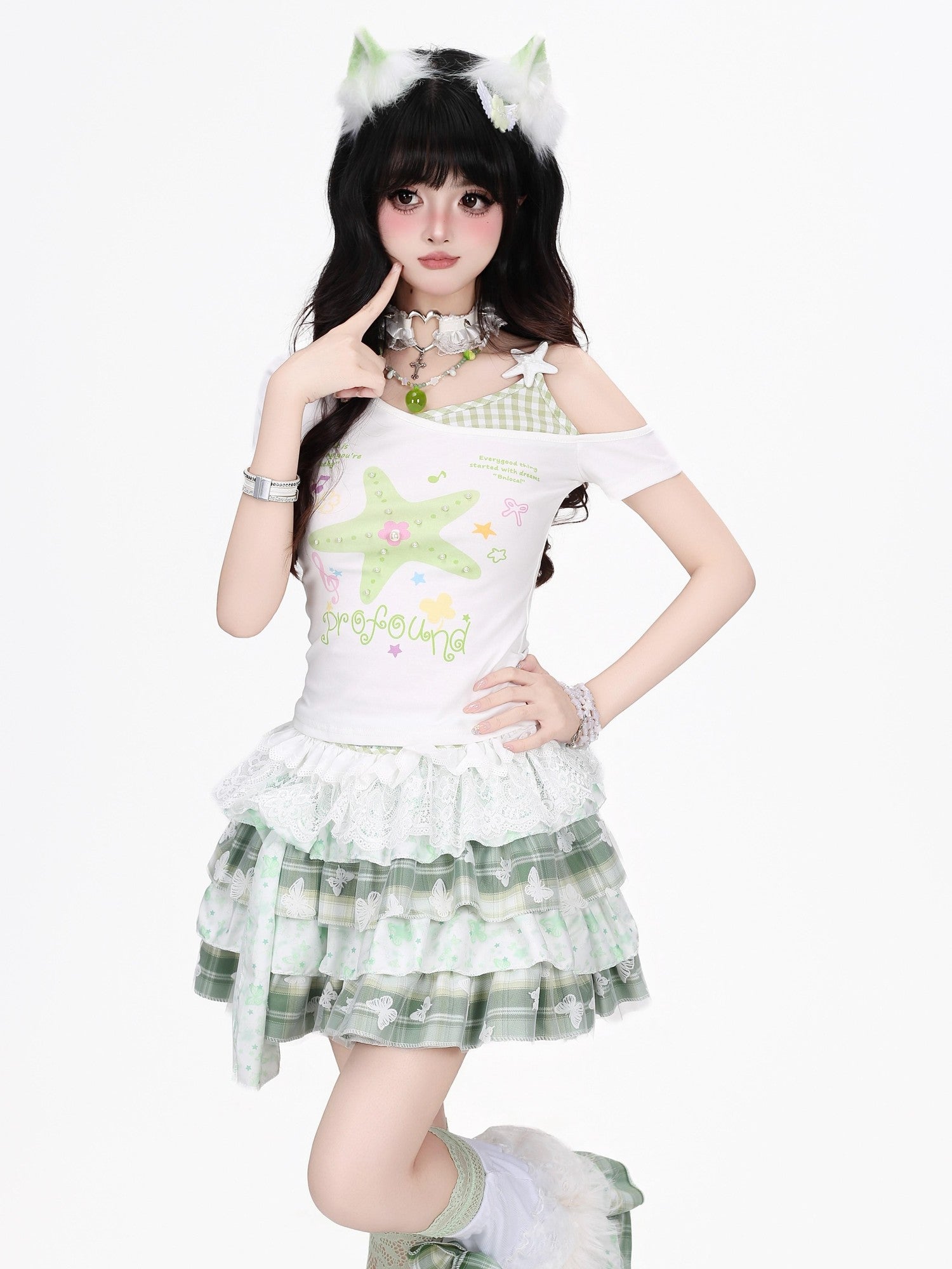 Crazy Girl Starfish Print Lace Patchwork Slim Fit Women&