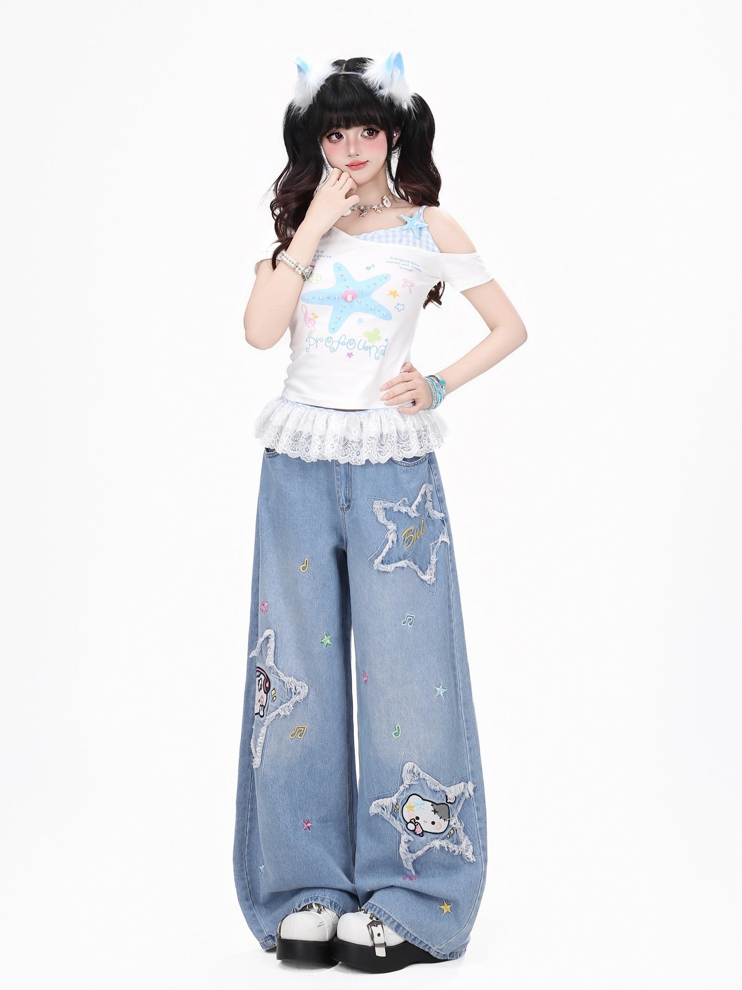 Crazy Girl Starfish Print Lace Patchwork Slim Fit Women&