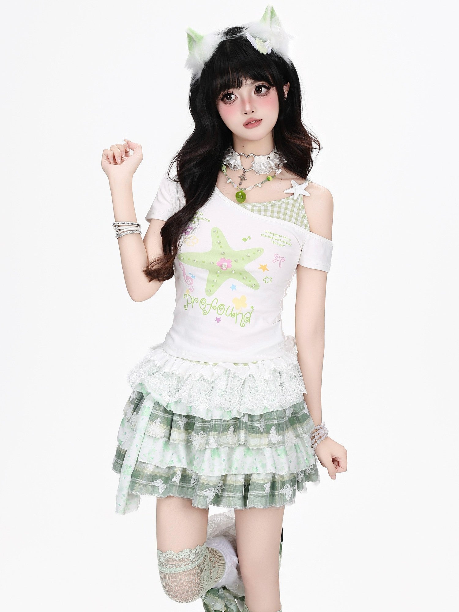 Crazy Girl Starfish Print Lace Patchwork Slim Fit Women&