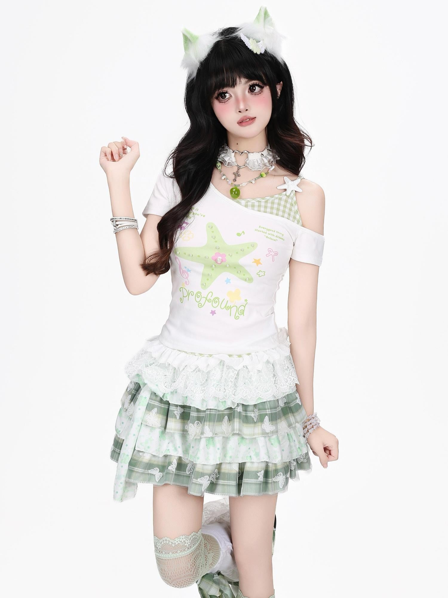 Crazy Girl Starfish Print Lace Patchwork Slim Fit Women&