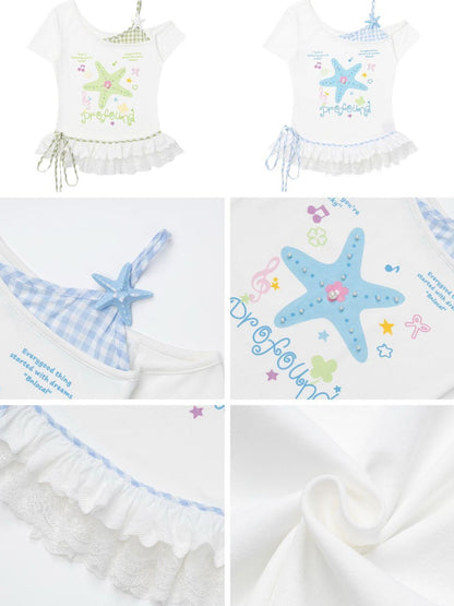 Crazy Girl Starfish Print Lace Patchwork Slim Fit Women&