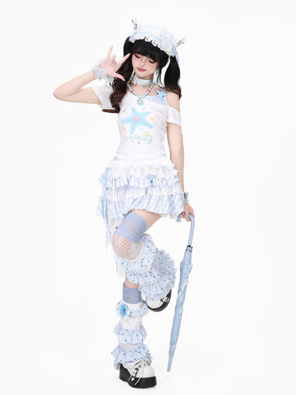 Crazy Girl Starfish Print Lace Patchwork Slim Fit Women&