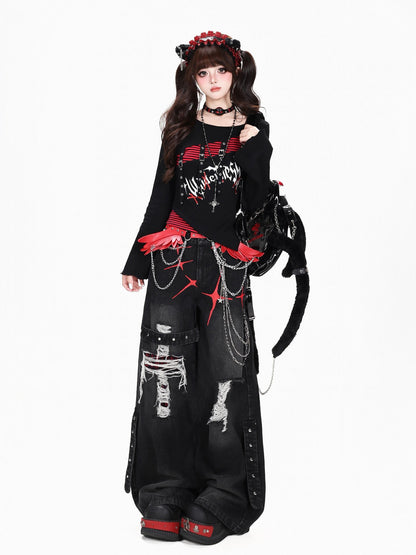 Crazy Girl Streetwear Vintage Distressed Ripped Cargo Women&