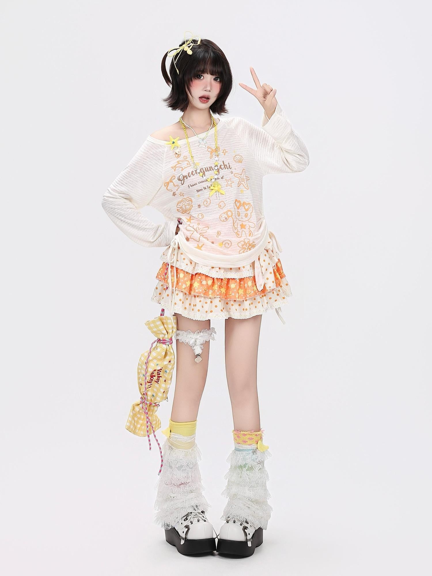 Crazy Girl Striped Cartoon Starfish Shell Print Slim Women&
