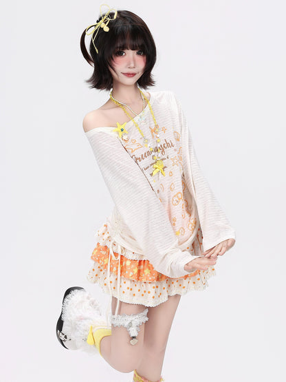 Crazy Girl Striped Cartoon Starfish Shell Print Slim Women&