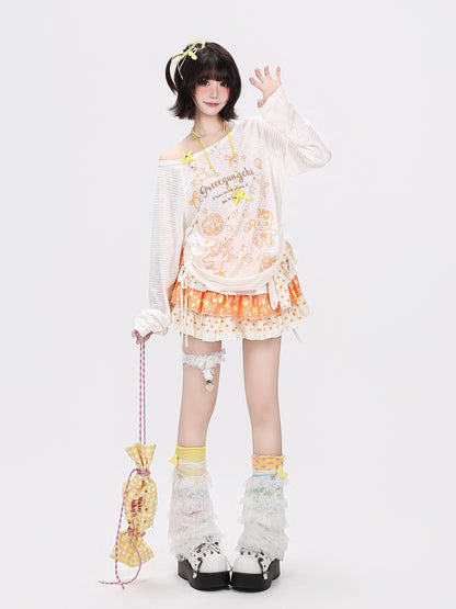 Crazy Girl Striped Cartoon Starfish Shell Print Slim Women&