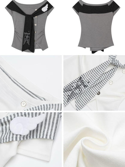 Crazy Girl Striped Embroidered Faux Layered One Shoulder Women&