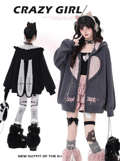 Crazy Girl Striped Rabbit Ear Hooded Long Sleeve Loose Fit Women&