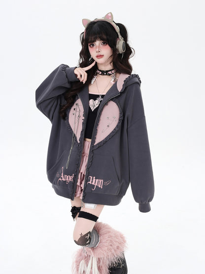 Crazy Girl Striped Rabbit Ear Hooded Long Sleeve Loose Fit Women&