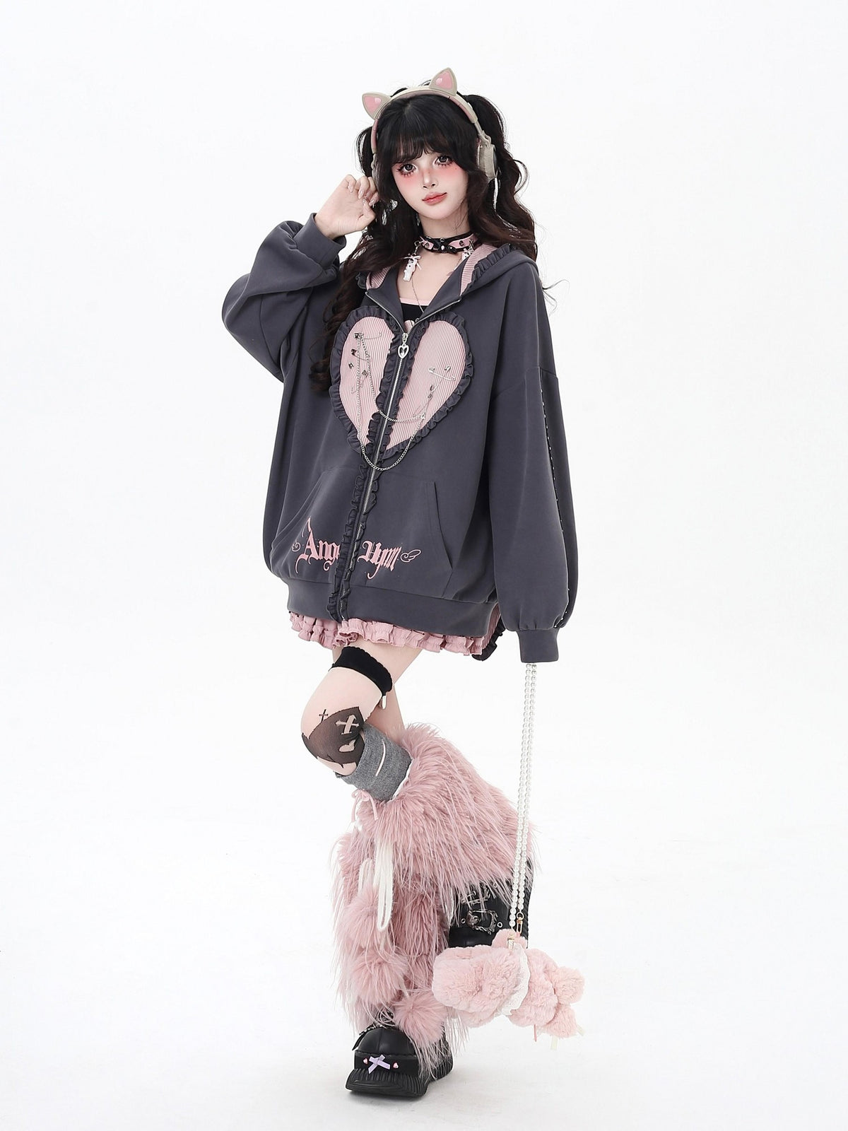 Crazy Girl Striped Rabbit Ear Hooded Long Sleeve Loose Fit Women&