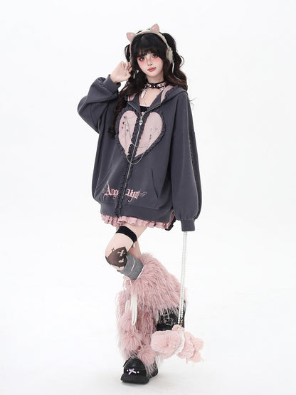 Crazy Girl Striped Rabbit Ear Hooded Long Sleeve Loose Fit Women&
