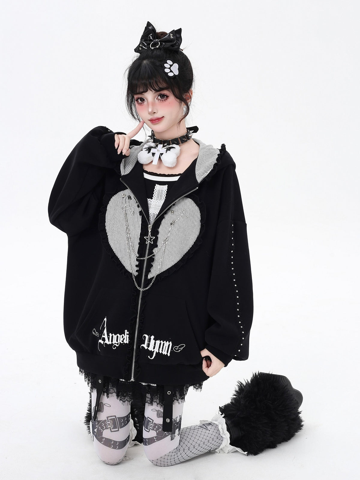 Crazy Girl Striped Rabbit Ear Hooded Long Sleeve Loose Fit Women&