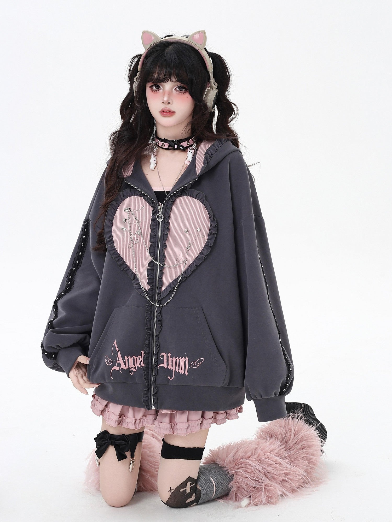 Crazy Girl Striped Rabbit Ear Hooded Long Sleeve Loose Fit Women&