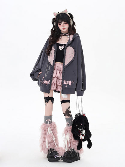 Crazy Girl Striped Rabbit Ear Hooded Long Sleeve Loose Fit Women&