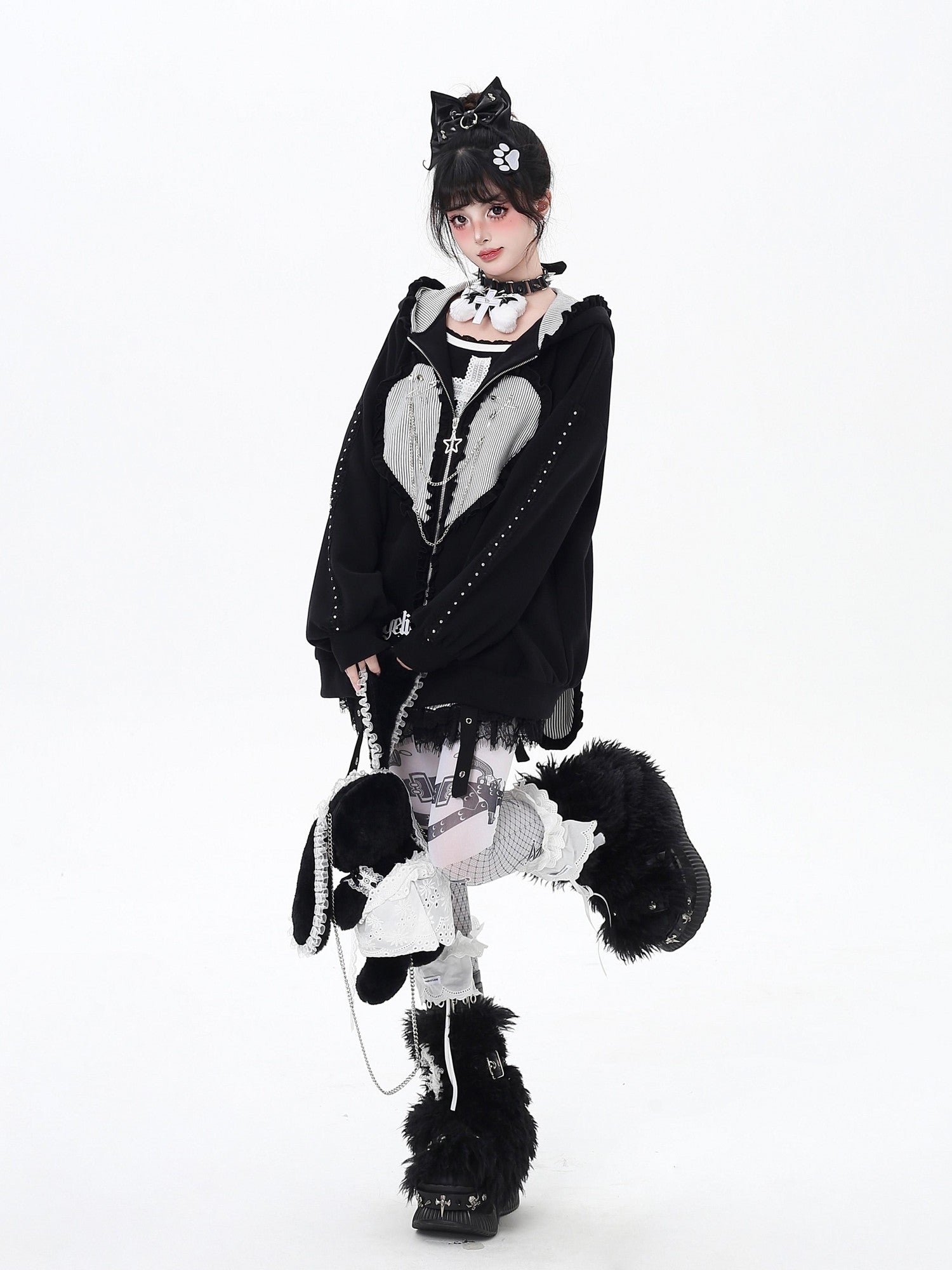 Crazy Girl Striped Rabbit Ear Hooded Long Sleeve Loose Fit Women&