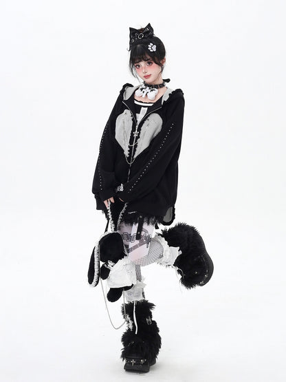 Crazy Girl Striped Rabbit Ear Hooded Long Sleeve Loose Fit Women&