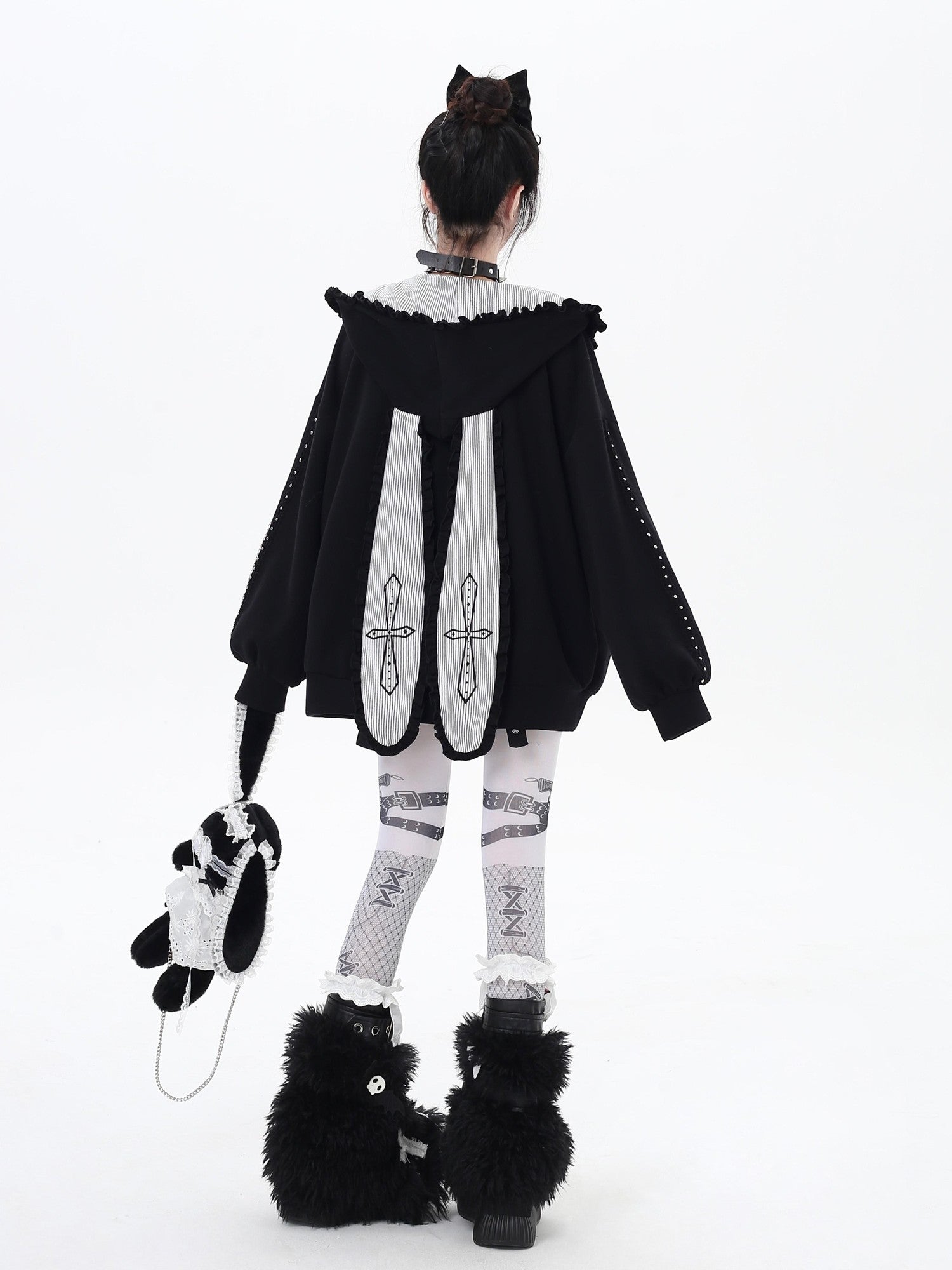 Crazy Girl Striped Rabbit Ear Hooded Long Sleeve Loose Fit Women&