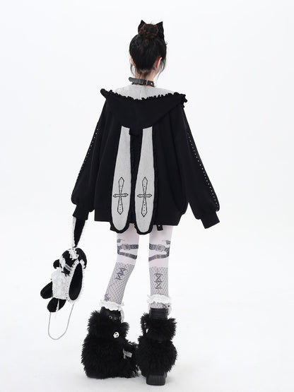 Crazy Girl Striped Rabbit Ear Hooded Long Sleeve Loose Fit Women&