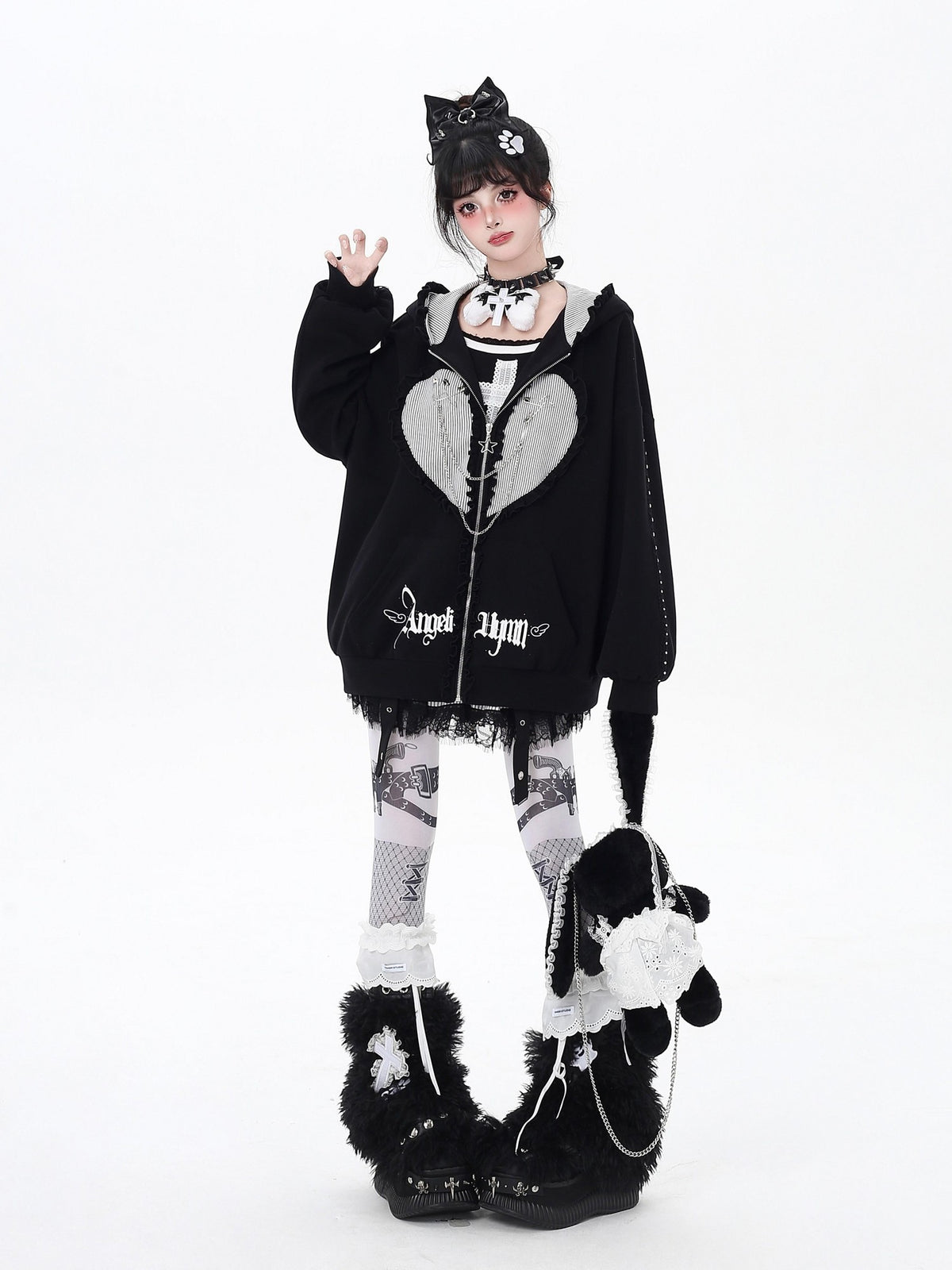 Crazy Girl Striped Rabbit Ear Hooded Long Sleeve Loose Fit Women&