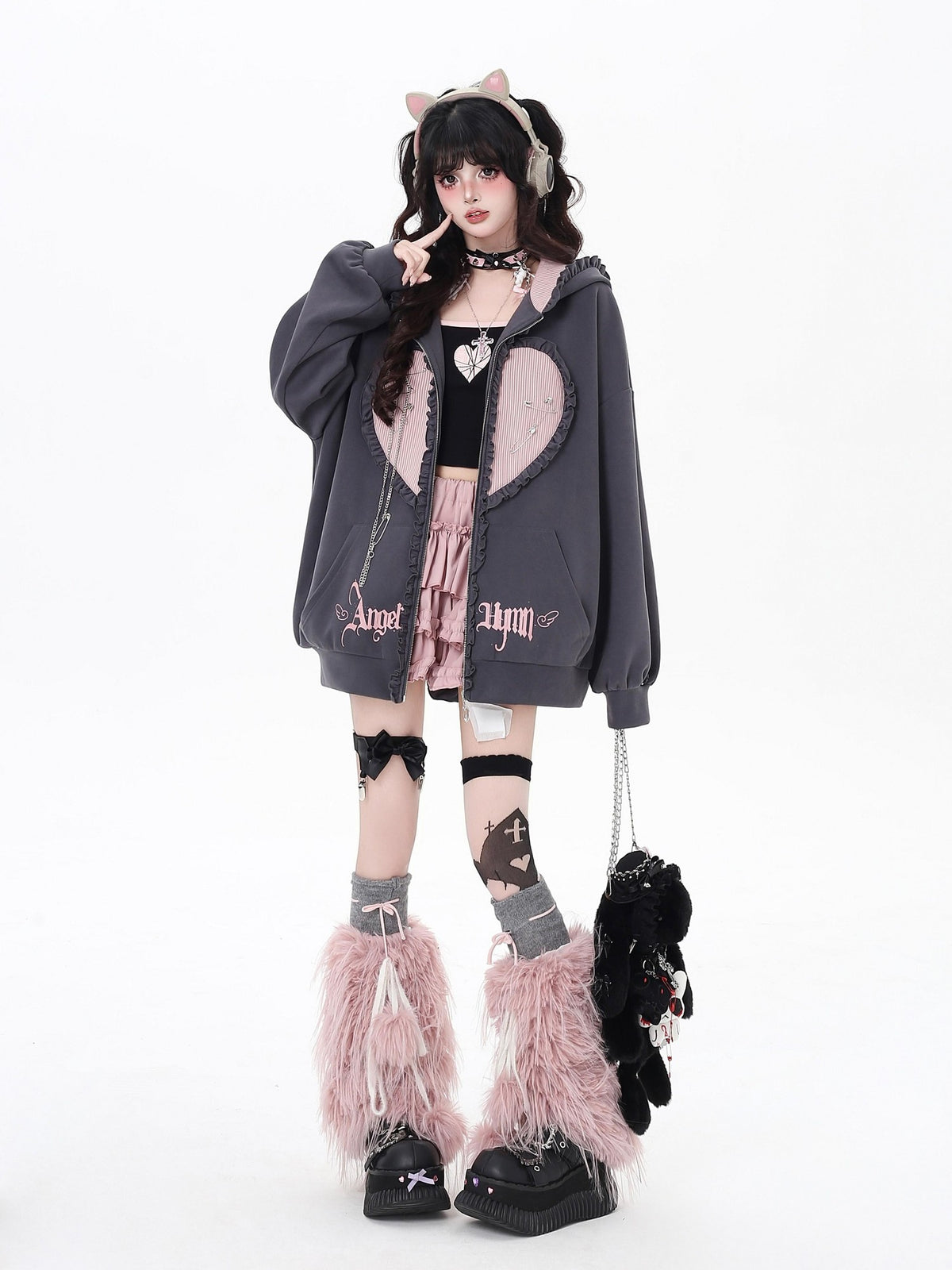 Crazy Girl Striped Rabbit Ear Hooded Long Sleeve Loose Fit Women&