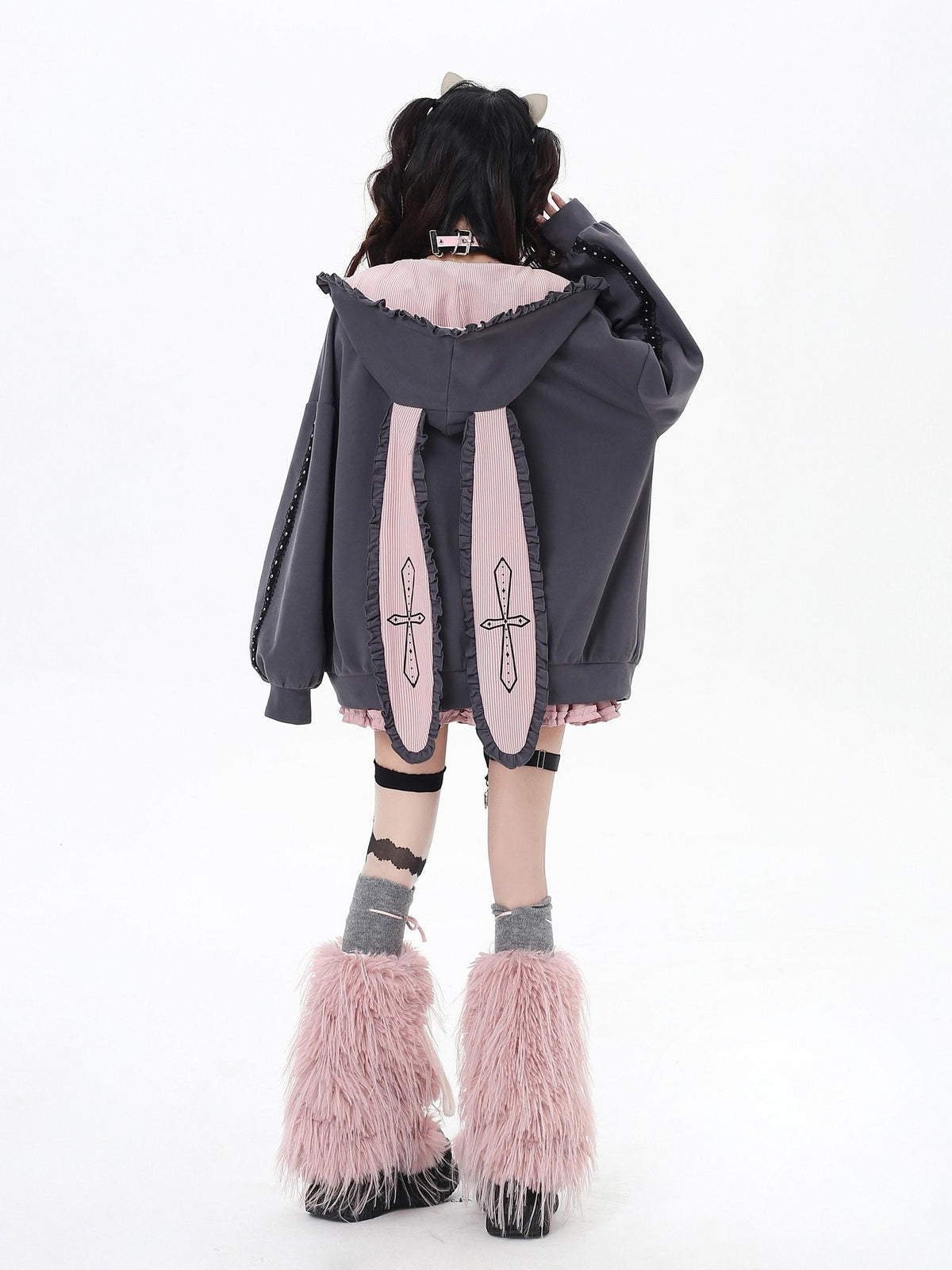 Crazy Girl Striped Rabbit Ear Hooded Long Sleeve Loose Fit Women&