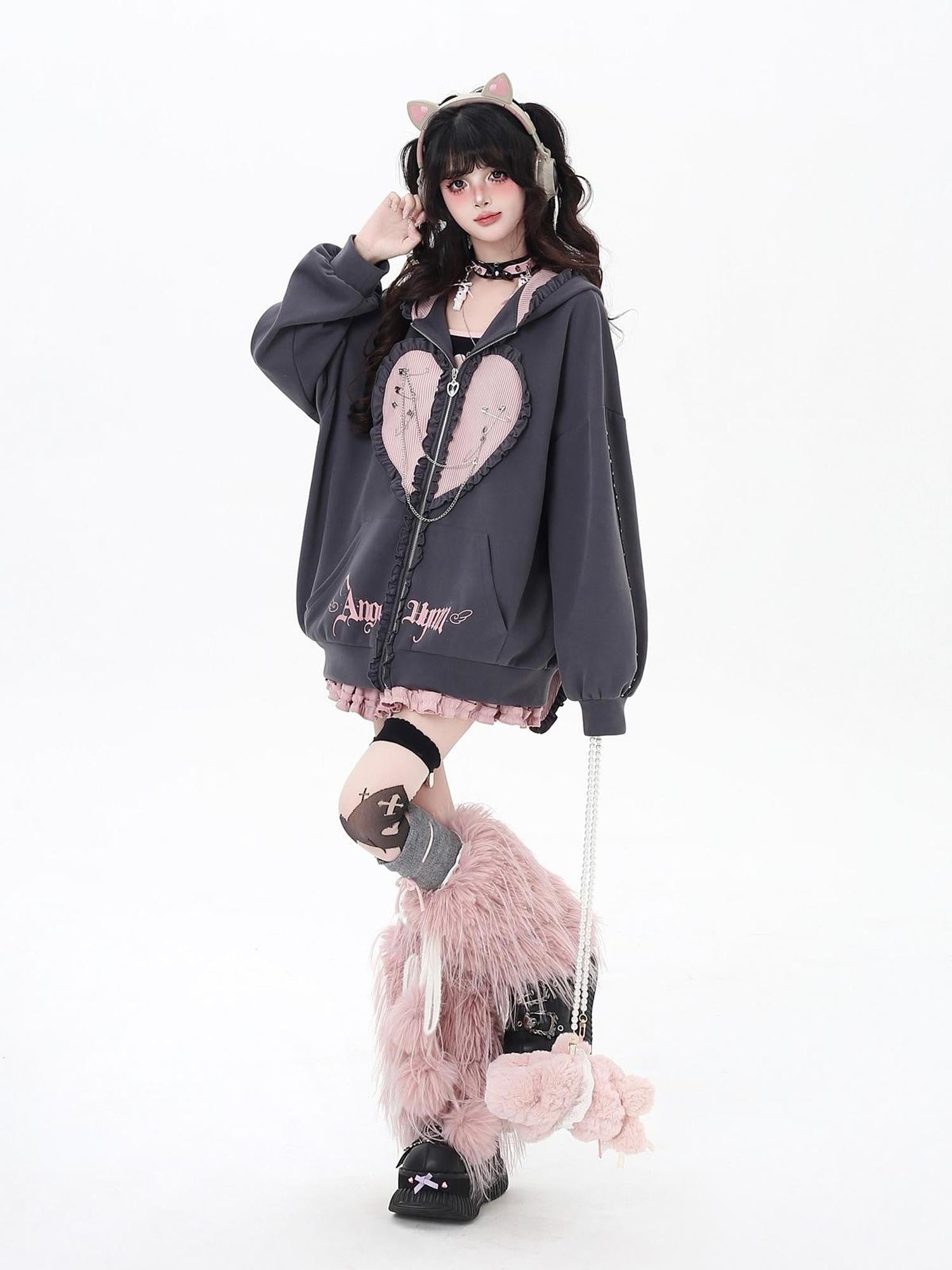 Crazy Girl Striped Rabbit Ear Hooded Long Sleeve Loose Fit Women&